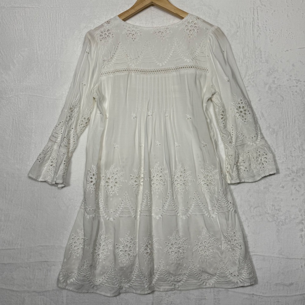 Sundance | White Eyelet Embroidered Dress‎ Bohemian Gauze Bell Sleeve, Medium - Picture 4 of 7